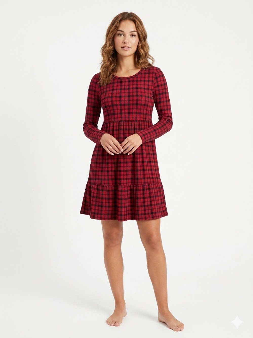 SO NWOT Red Black Plaid Long Sleeve Tiered Cottony Stretchy Long Sleeve Dress
